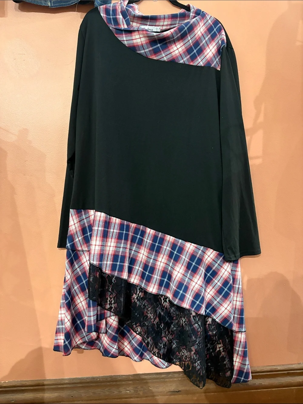 Black Asymmetrical dress with Red & Blue Plaid Panels and Lace Trim